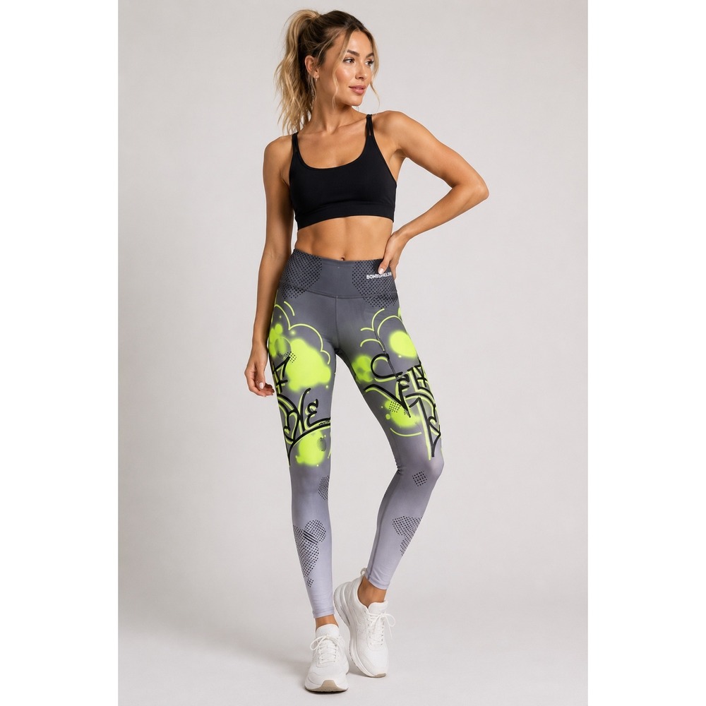 Bombsheller Graffiti Print Leggings XS Neon Lime Gray Athletic Festival Yoga